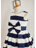 Navy Blue Ivory Taffeta Stripes Knee Length Flower Girl Dress 